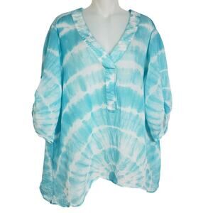 Grand & Greene Womens Top Large Tie Dye V Neck Sheer 3/4 Tab Sleeve Teal Sheer